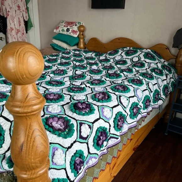 Handmade Crochet Blanket - Purple, Green, and White - Picture 3 of 6